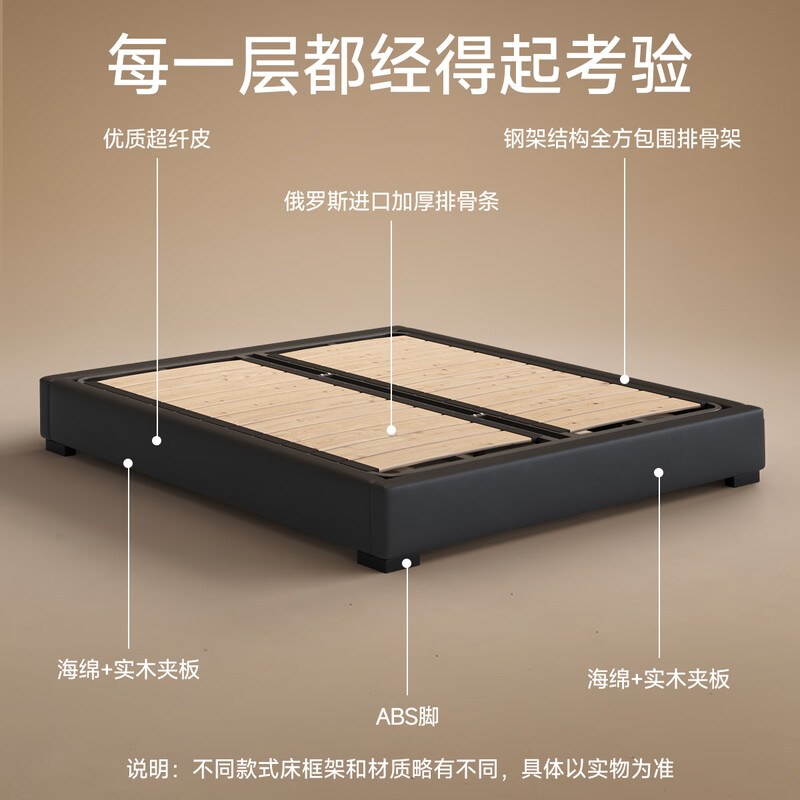 Fasati no bedside master bedroom small apartment floor-standing Italian minimalist leather bed light luxury modern simple backless bed single bed (flagship version 20cm ribbed frame) 1.8*2m box frame structure