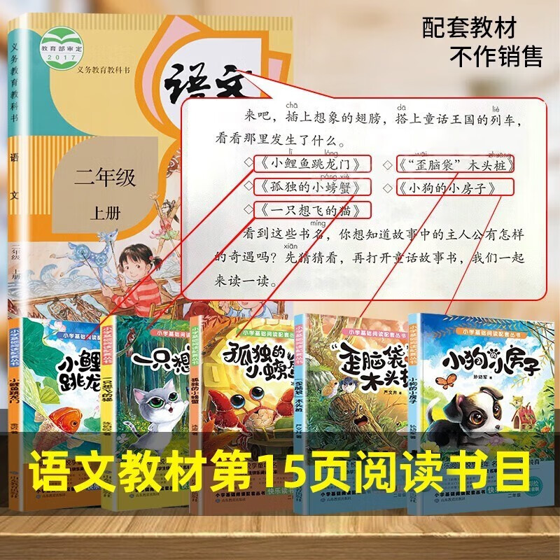 Happy reading, must-read extracurricular reading books for the first volume of second grade, full set of 5 volumes with color pictures and phonetic notation, free test manuals, genuine books: Little Carp Jumps into the Dragon Gate + A Cat Who Wants to Fly + Puppy’s Little House + Lonely Little Crab + Crooked Head Wood Pile Primary School Student Book List, People’s Education Press People’s Education Press Chinese Textbook Supporting Reading List
