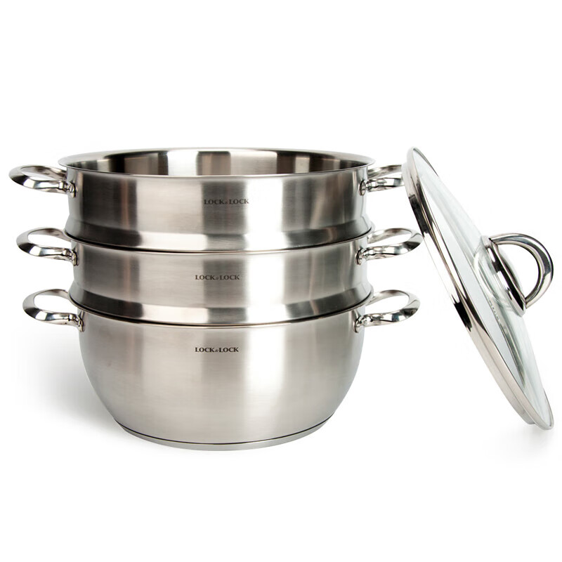 LOCK & LOCK stainless steel steamer household large-capacity steamer 28CM three-layer combination set can steam meat, fish, steamed buns and steamed buns