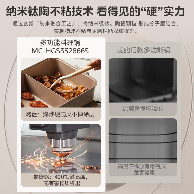 Midea electric hot pot Yuanyang pot hot pot special pot multi-functional pot cooking barbecue pot split multi-functional all-in-one electric pot 0 fluorine titanium ceramic electric cooking pot HGS352866S