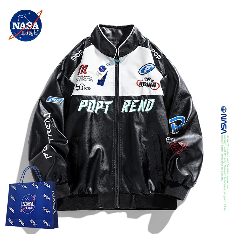 NASALIKE official fashion brand American retro motorcycle leather jacket men's autumn and winter baseball uniform pilot jacket high street men's jacket black XL (recommended 125-145 pounds)