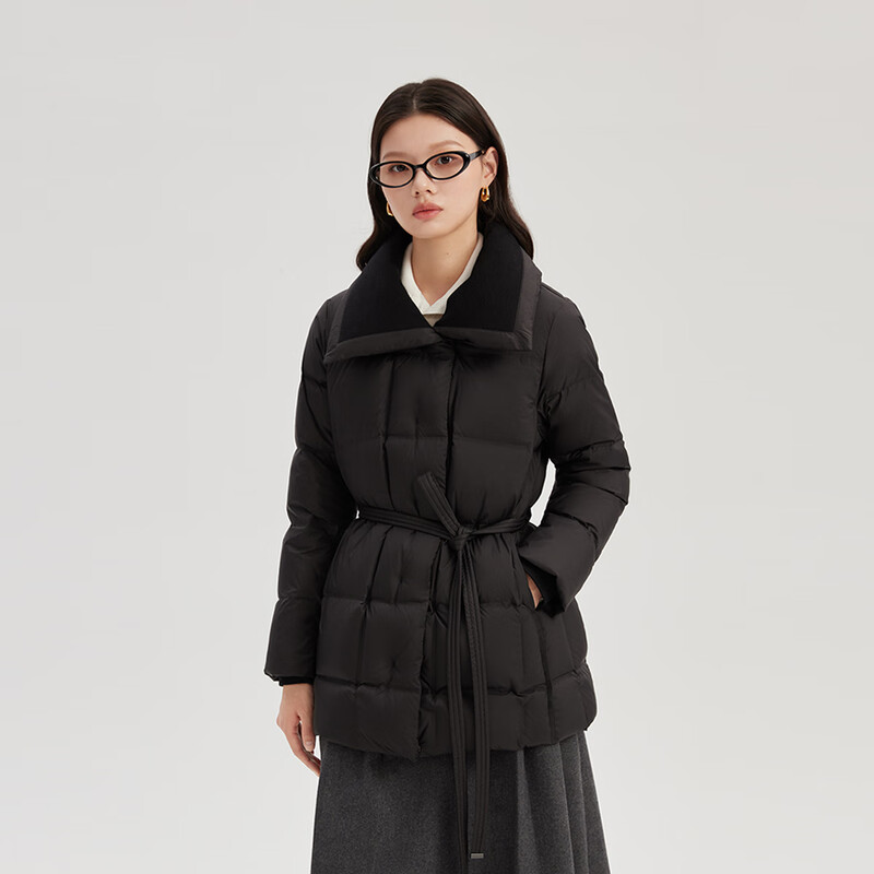 Elaiyi knitted patchwork down jacket women's mid-length coat fashionable waist winter New Year coat carbon black S