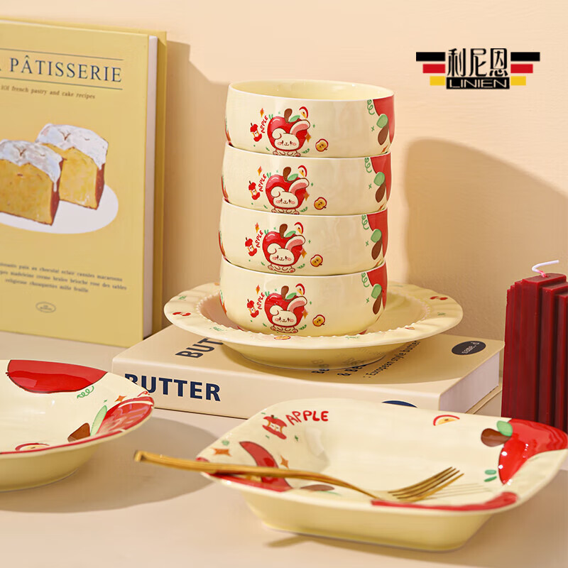 Apple Rabbit cute ins high-looking household bowl spoon underglaze color ceramic tableware rice bowl rice bowl plate 8.5 inch lace plate Apple Rabbit 1 piece