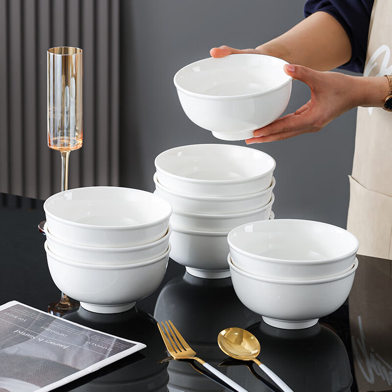 Jie Yajie ceramic noodle bowl personal white porcelain bowl Chinese style 5-inch reverse side rice bowl microwaveable 6-pack