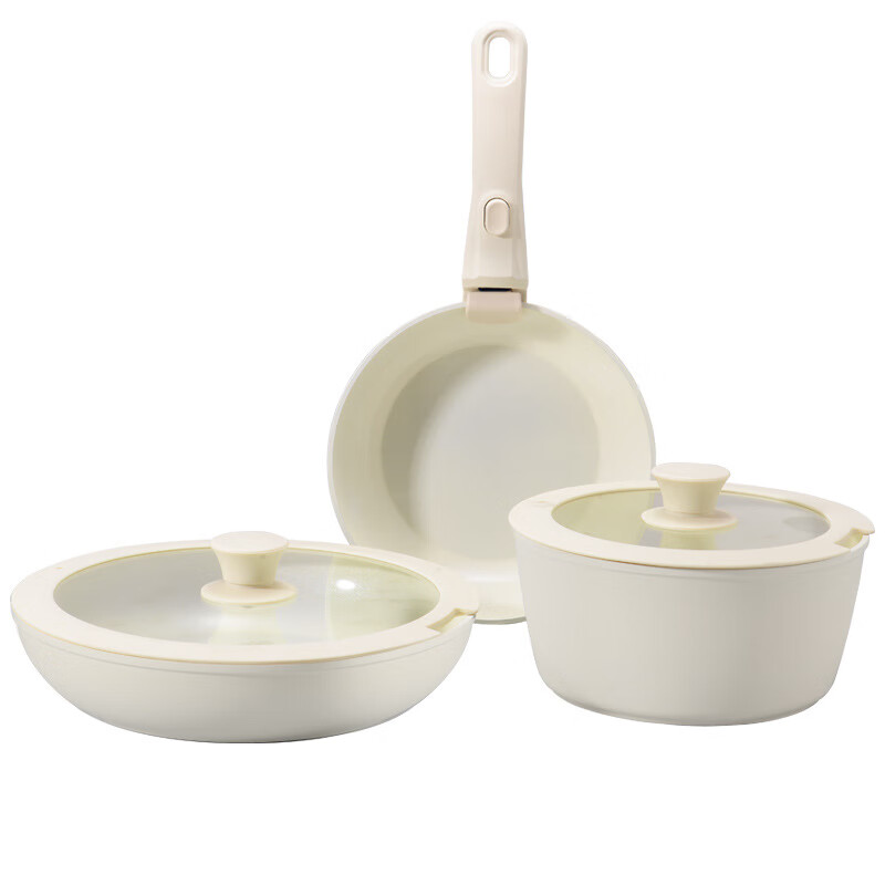 SSIIXX Japanese brand ceramic non-stick pot removable handle pot set portable outdoor frying pan flat bottom cooking pot white 6-piece set ceramic set