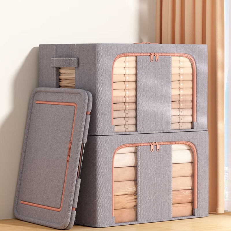 Jiebaina Clothes Storage Box Large Wardrobe Layered Storage Artifact Fabric Visual Window Folding Clothing Storage Organizing Box Nordic Gray-Single Window Thickened Cotton and Linen 110# 60*45*40 Thick Steel Frame