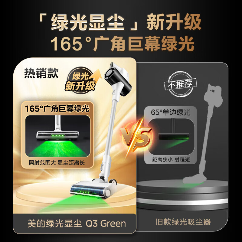 Midea vacuum cleaner household Q3 Green wireless handheld vacuum cleaner high-power super suction green light dust display mite removal dust car-mounted lightweight large suction