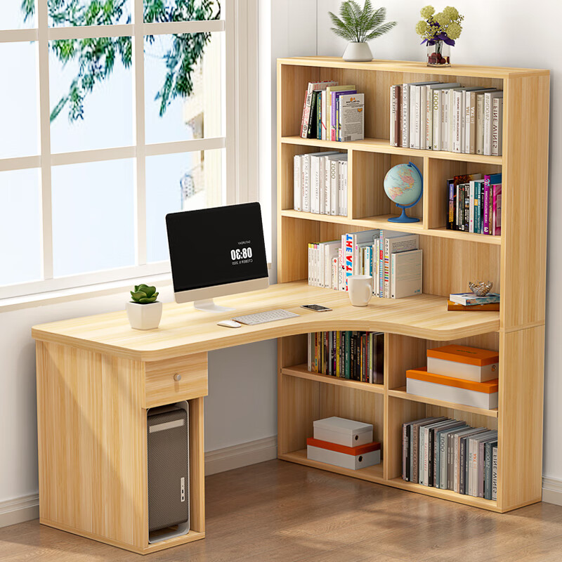 Slikai Desk Bookshelf Integrated Desk Bookcase Combination Corner Solid Wood Corner Student Study Desk Writing Desk L-shaped Computer Light Walnut Length 140 Bring the goods to your home