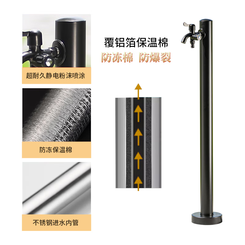 Yangjing courtyard outdoor column faucet garden water plug yard stainless steel lockable anti-freeze faucet flower watering artifact black short model + double faucet