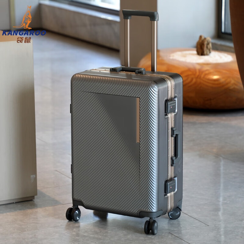 Kangaroo (KANGAROO) aluminum frame suitcase, small, airplane-friendly, aluminum alloy trolley case, high-looking, durable, hard-shell PC anti-fall suitcase, metallic gray - thickened and reinforced - can seat one person, 20-inch boarding case - business trip