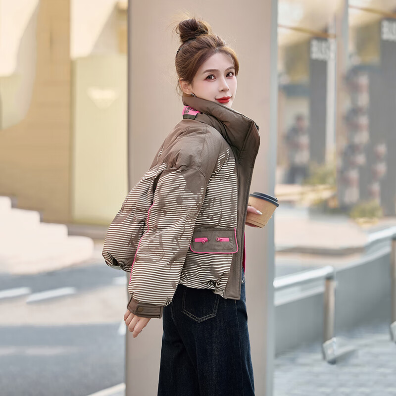 Bailanjiao Down Jacket Women's Short 2025 Winter New Style Small High-end Fashion Western Style Bakery White Duck Down Jacket Brown S (Recommended within 120 pounds)