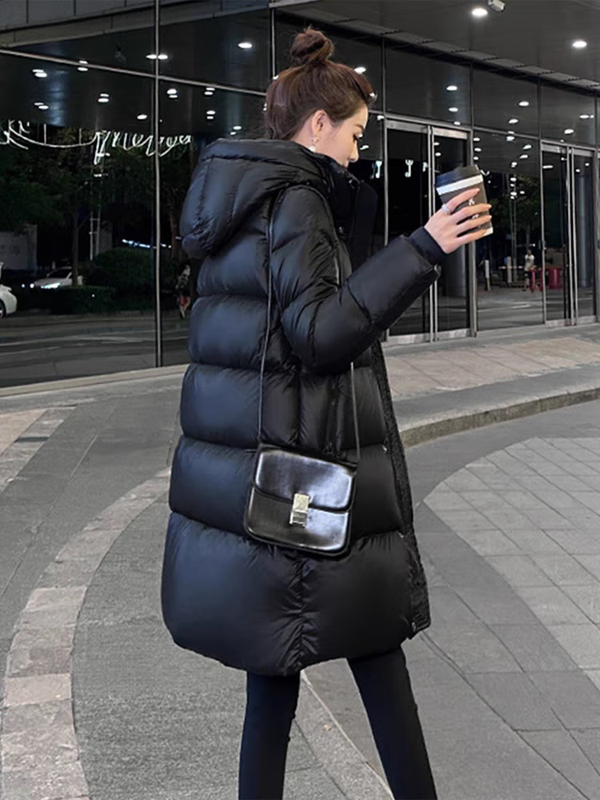 Aosijie high-end brand down jacket women's mid-length 2025 winter new loose temperament thickened white goose down hooded jacket black (black gold 90 white goose down series) M 105-120 catties