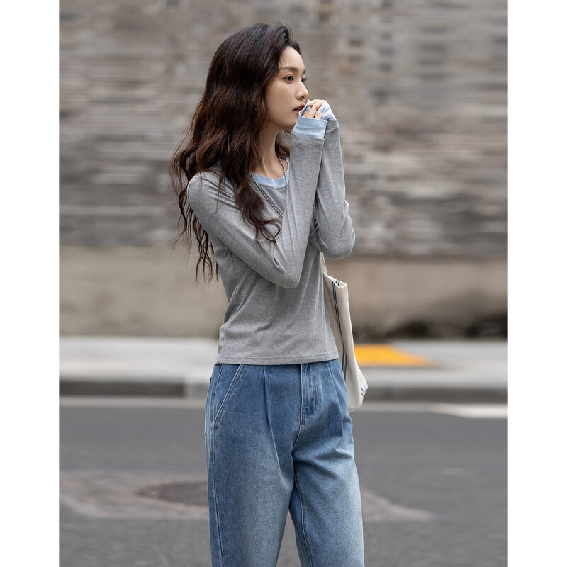 Demana Light French Group Favor Spring Korean Style Round Neck Contrast Color Ribbed Long Sleeve T-Shirt Women's Comfortable Hidden Meat Women's T-Shirt