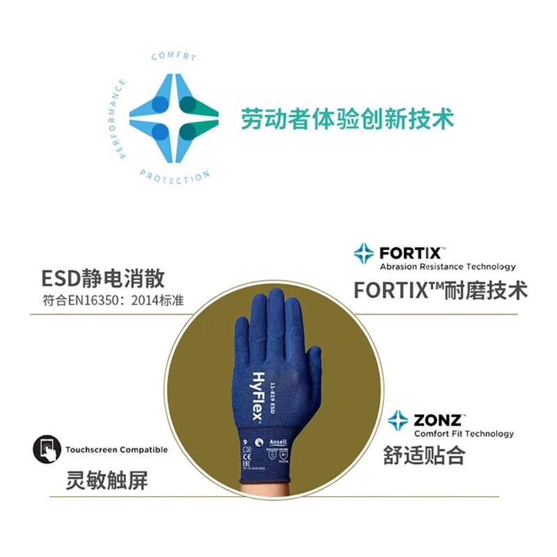 Ansell electrostatic protective gloves, comfortable, thin, touch-screen, non-slip, wear-resistant, discharge protection work labor protection gloves 11-819 (1 pair) 9/L