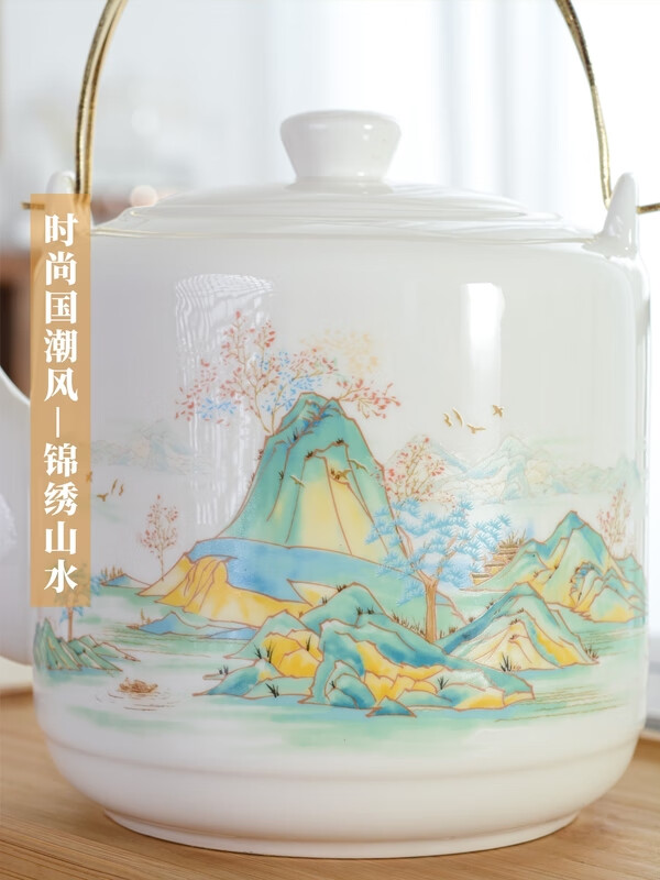 Mengyier Ceramic Cold Kettle Cold Kettle Large Large Capacity Kettle Summer Household Water Large Pot Teapot + 2 Cups 2 Large Double Copper Splendid Landscape 1L 1L