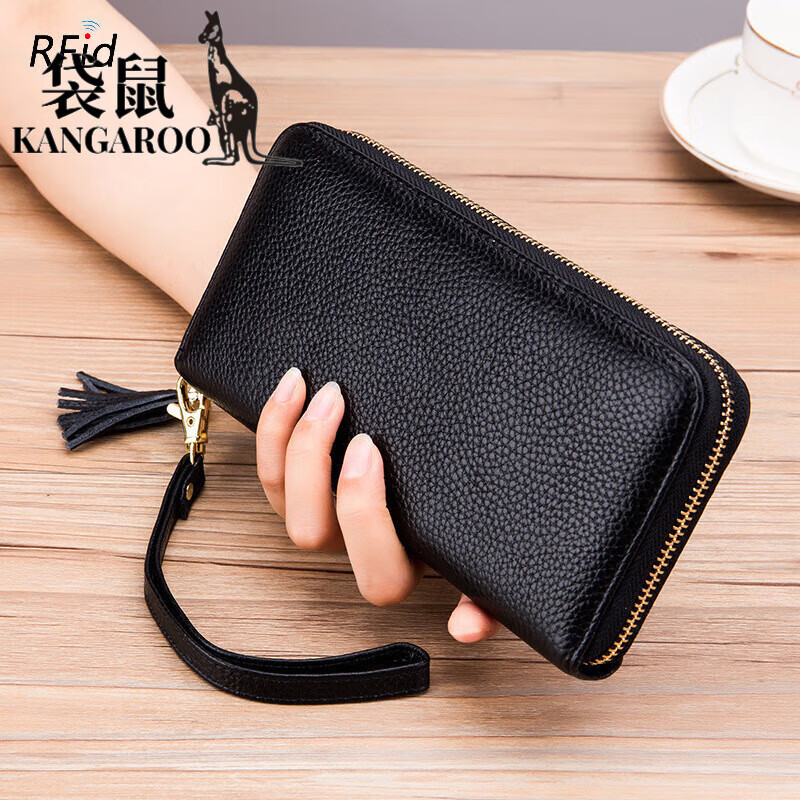 Kangaroo (KANGAROO) 2025 Chinese Valentine's Day genuine leather women's wallet anti-theft brush large capacity long cowhide card bag mobile phone bag for women multi-color optional black