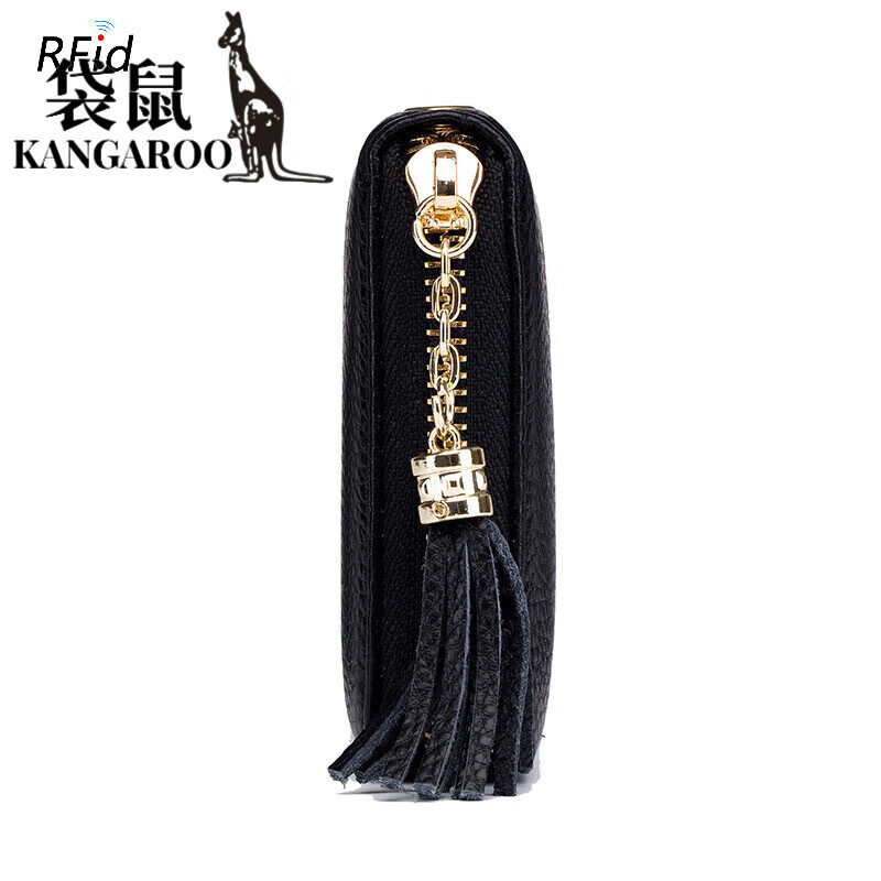 Kangaroo (KANGAROO) 2025 Chinese Valentine's Day genuine leather women's wallet anti-theft brush large capacity long cowhide card bag mobile phone bag for women multi-color optional black