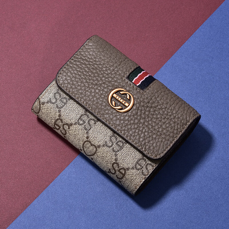 CALCULAT&KEENCK women's cowhide card bag mini European and American contrasting color stitching cute bank card driver's license multi-slot document bag dark gray Goddess Day gift ghostwriting greeting card