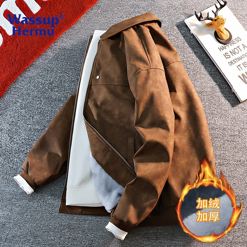 WASSUP HERMU official jacket for men and women in autumn and winter Maillard handsome motorcycle leather jacket high-quality American street casual leather jacket gray (plus velvet) XL (recommended 130-150 pounds)