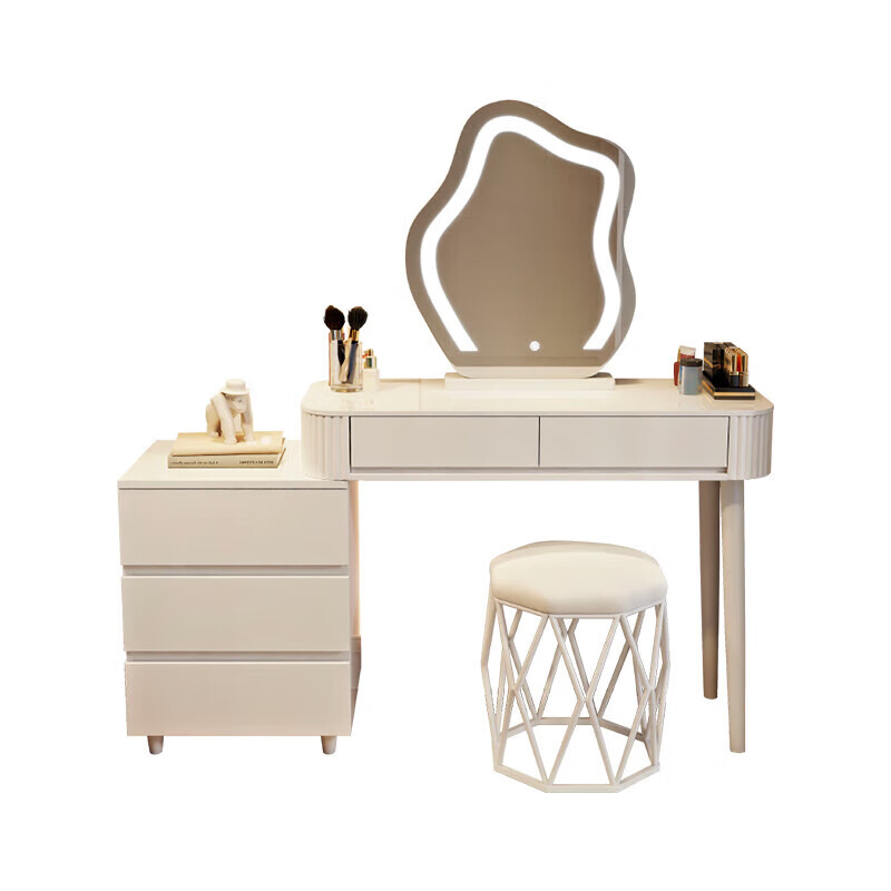 Xunhuai dressing table bedroom modern simple light luxury cream style storage dressing table storage cabinet wabi-sabi style dressing table white 100CM table + cabinet + large cloud mirror + petal chair