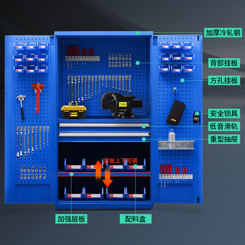 Baigang heavy-duty tool cabinet multi-functional storage cabinet auto repair tool accessories storage cabinet workshop storage cabinet with mesh plate blue with mesh two drawers BG-GJ-1150