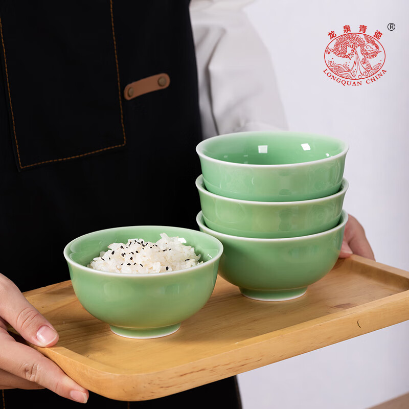 Longquan celadon rice bowl ceramic new creative Chinese tableware household thickened eating bowl large noodle soup bowl porridge bowl small bowl 5.5-inch plum green bowl