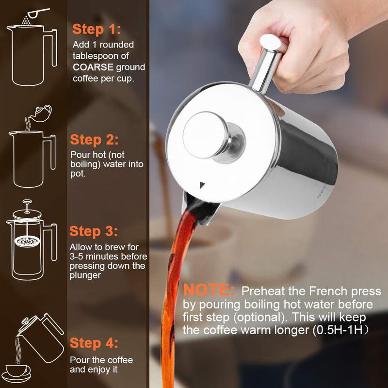 Secura 304 stainless steel French press 500ml insulated coffee pot three-layer filter manual brewing removable and washable silver 17 oz