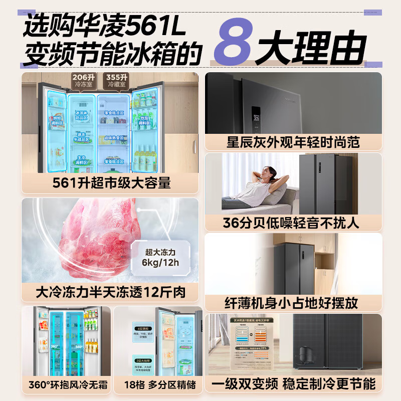 Hualing Refrigerator Midea produced state-subsidized side-to-side double-door household energy-saving first-class energy-efficiency air-cooled frost-free and odor-free ultra-thin large-capacity refrigerator HR-589WKP