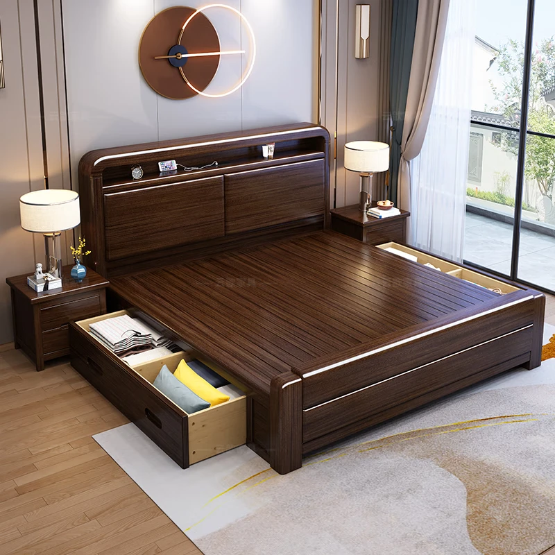 Yunxin Purple Sandalwood Solid Wood Bed Modern Simple 1.8m Double Bed 1.5m Home Master Bedroom Storage Bed with Light Purple Gold Sandalwood Single Bed 1800mm*2000mm Frame Model