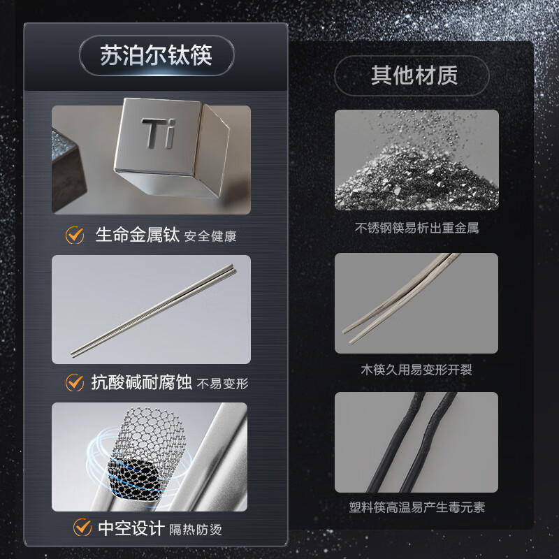 SUPOR 100% pure titanium chopsticks, household high-end chopsticks and tableware, dedicated food-grade metal titanium chopsticks, portable and non-slip, 100% pure titanium, 1 pair