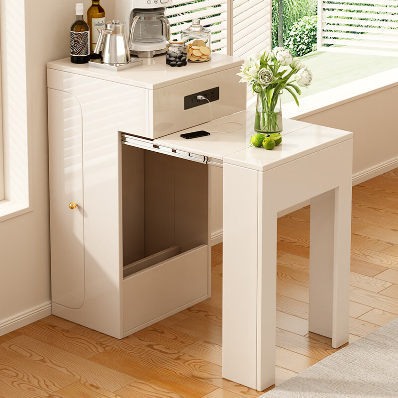 Tanhuaxuan cream style all solid wood retractable dining table and sideboard integrated household small apartment storage white dining table and chairs 50cm folding dining table