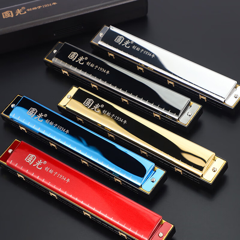 Guoguang 24-hole commemorative model polyphonic C key harmonica for beginners students 28-hole entry-level self-taught accented harmonica wind instrument 24-hole C key polyphonic silver beginner model