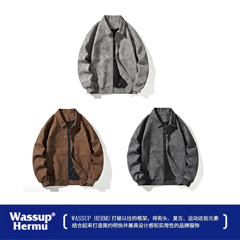 WASSUP HERMU official jacket for men and women in autumn and winter Maillard handsome motorcycle leather jacket high-quality American street casual leather jacket gray (plus velvet) XL (recommended 130-150 pounds)