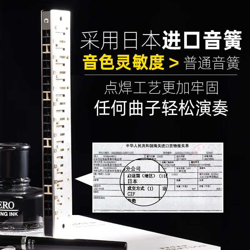 Guoguang harmonica professional performance level accented German imported gongs polyphonic C key for beginners entry-level adult self-study 24-hole C key polyphonic black + full set of gifts