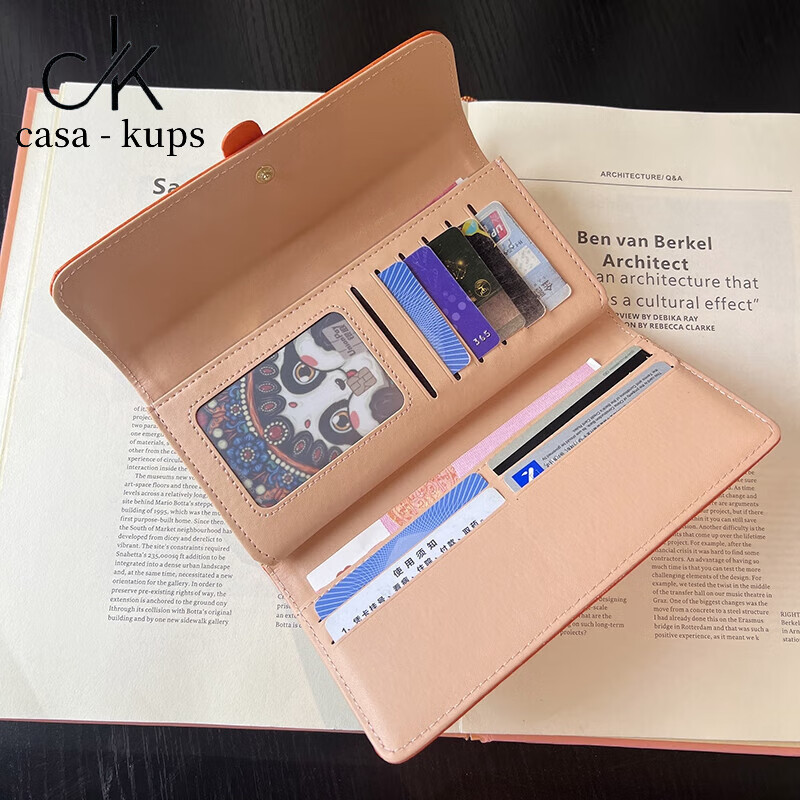 Casa-kupsCK women's bag light luxury simple women's wallet long clutch bag fashion oil wax leather three-fold buckle pure pink