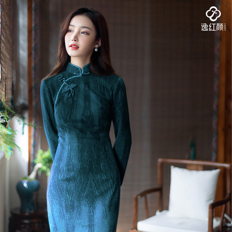 E.Beauty Yifang 2025 Spring New Product Glitter Stretch Knitted Phoenix Button New Chinese Style Women's Cheongsam Blue L