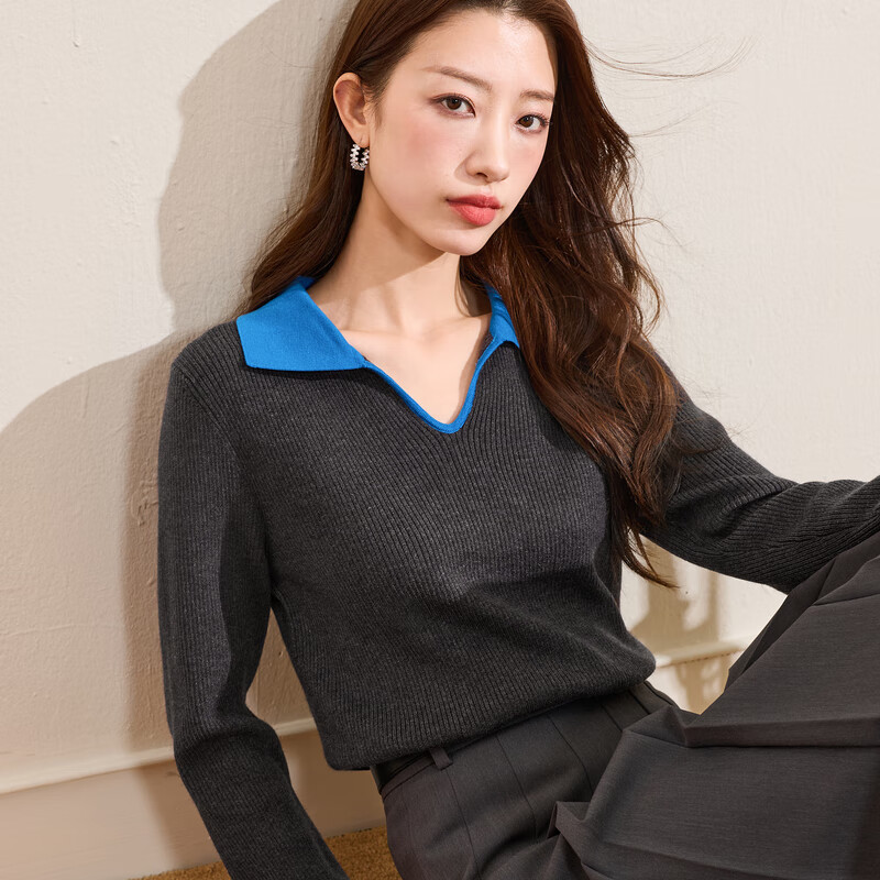 Three-color large size women's clothing 2025 winter new contrast color lapel sweater sweater pullover slimming fat MM