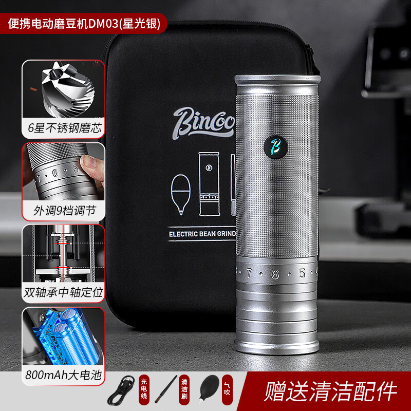 Bincoo electric bean grinder steel core portable coffee bean grinder small household external Italian grinder Starlight Silver