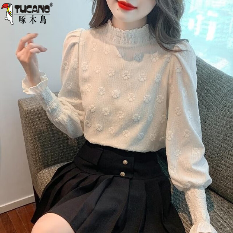 Woodpecker (TUCANO) velvet thickened lace jacquard bottoming shirt for women spring and autumn 2025 new stand-up collar lantern long-sleeved style versatile top apricot silver fox velvet plus velvet M 100-110 catties