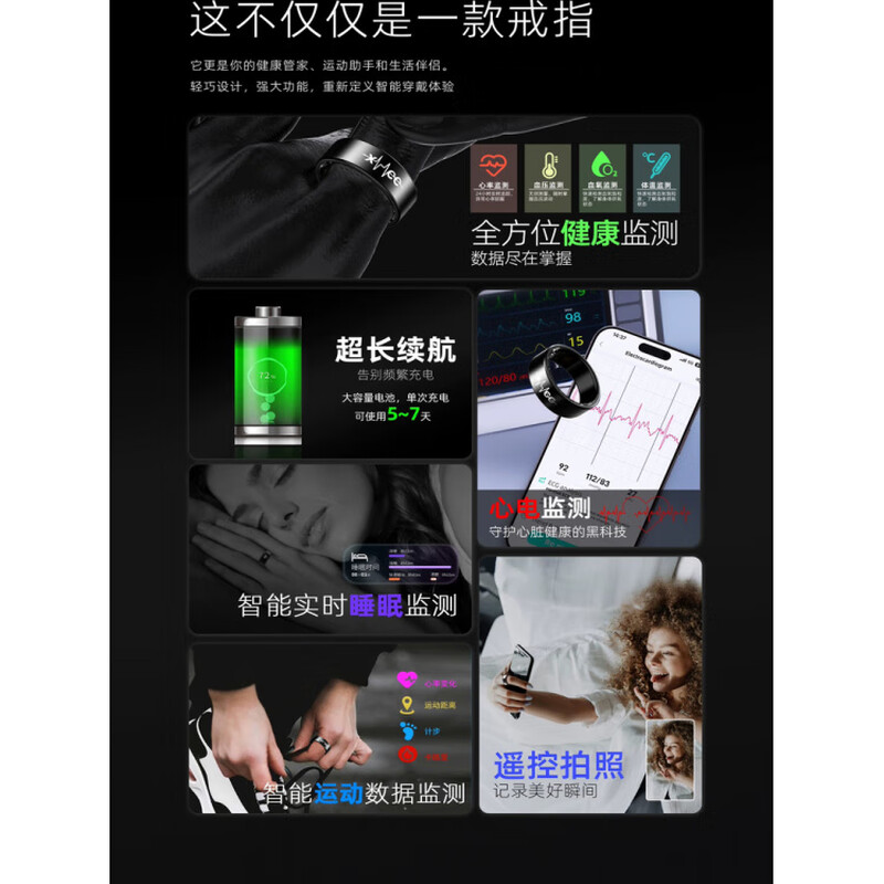 Huaqiangbei smart ring ECG blood sugar 25-year-old ECG smart ring non-invasively measures blood sugar, blood pressure, sleep blood oxygen, heart rate, multiple modes, dynamic health and safety monitoring ring, narrow edge upgrade - flagship model, non-invasive automatic detection of blood pressure/blood sugar/blood oxygen/No. 11 (diameter 20.6, finger circumference 64)
