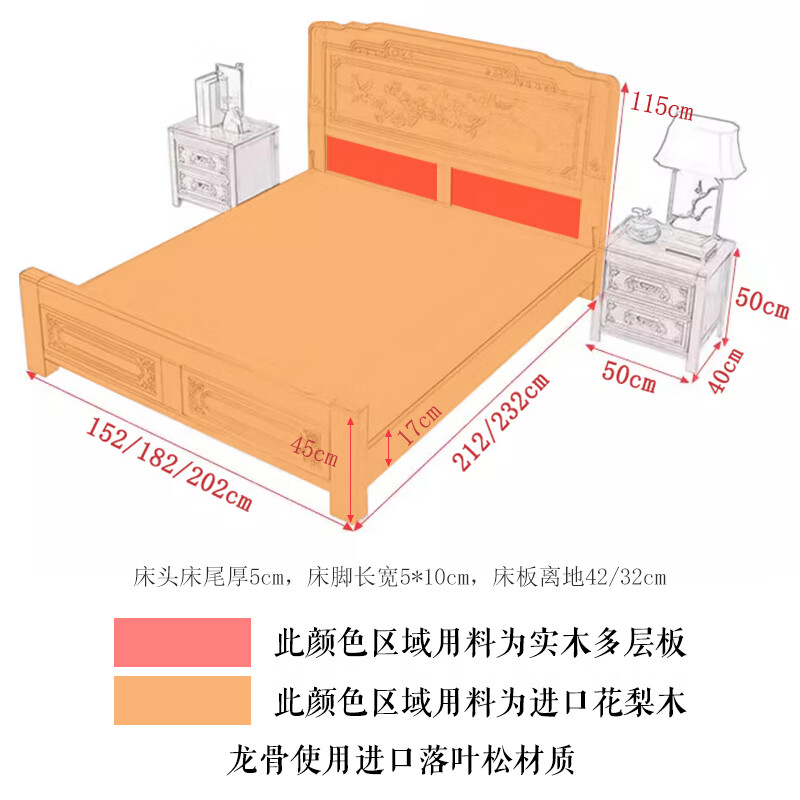 Longwei 12-hour delivery Foshan golden rosewood solid wood bed master bedroom king bed 1.8 meters 2 meters double bed rosewood single bed upgraded thickened bed 1.8*2.0 meters frame style (full bed + full mortise and tenon)