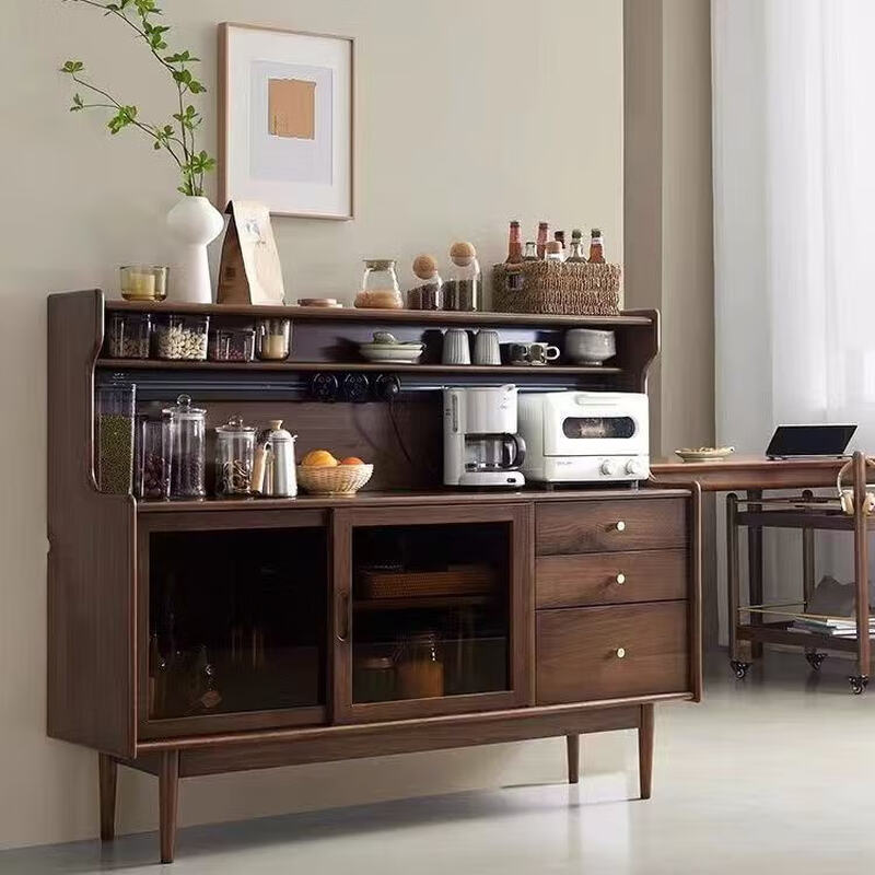 Kongjiang solid wood sideboard integrated wall cabinet mid-century style black walnut color multi-functional storage wine cabinet tea cabinet 120.40.117cm walnut color (with power track)