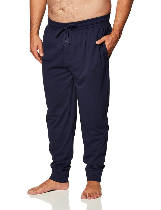 Fruit of the loom men's knitted jogging casual pajamas, solid color leg design, dual-use for home and sports in winter, front pockets, navy blue Small