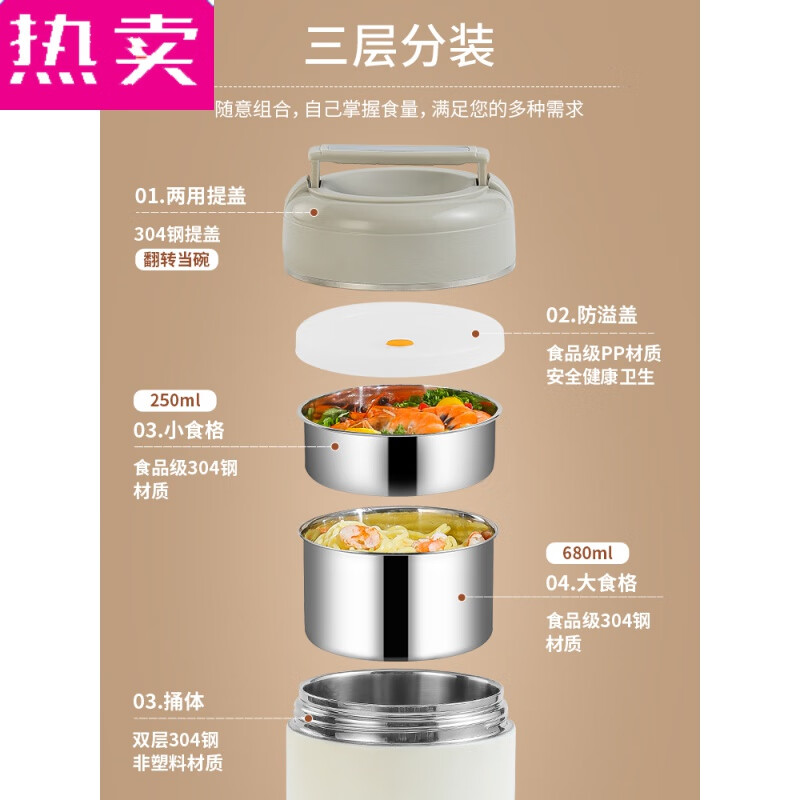 Tuojin imported high-quality stainless steel insulated lunch box from Germany for office workers, hour-long multi-layered household meal artifact with rice bucket, 12-hour thermal insulation 1.6 meters white three-layer
