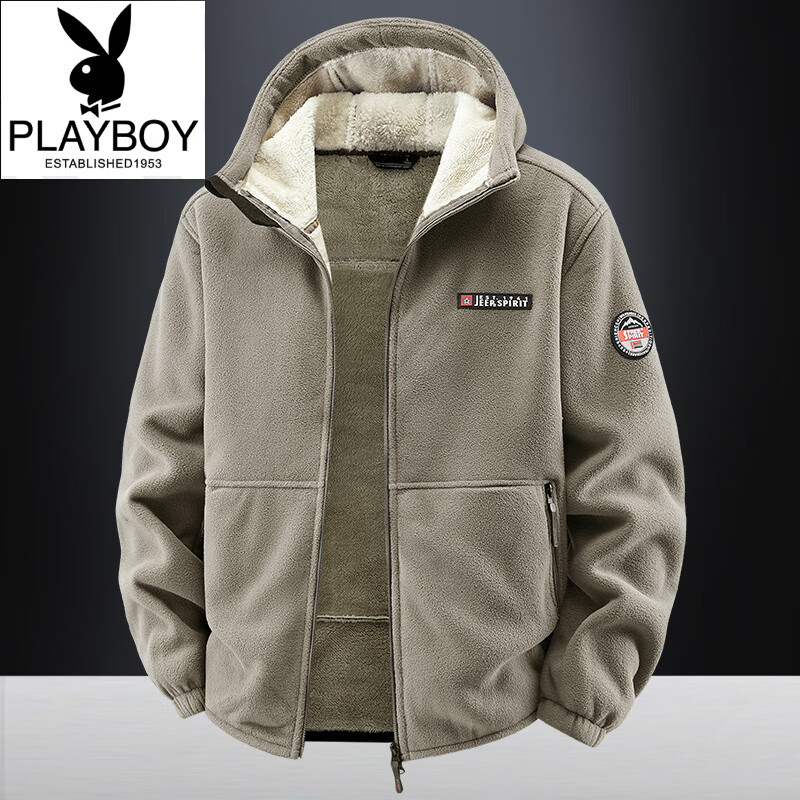 Playboy (PLAYBOY) Polar Fleece L Hooded Jacket Zipper Cardigan Men's Jacket Autumn and Winter Velvet Thickened Sports Fleece Warm Sweater Dark Blue Y710 Hooded Velvet 4XL (Recommended 175-190 catties)