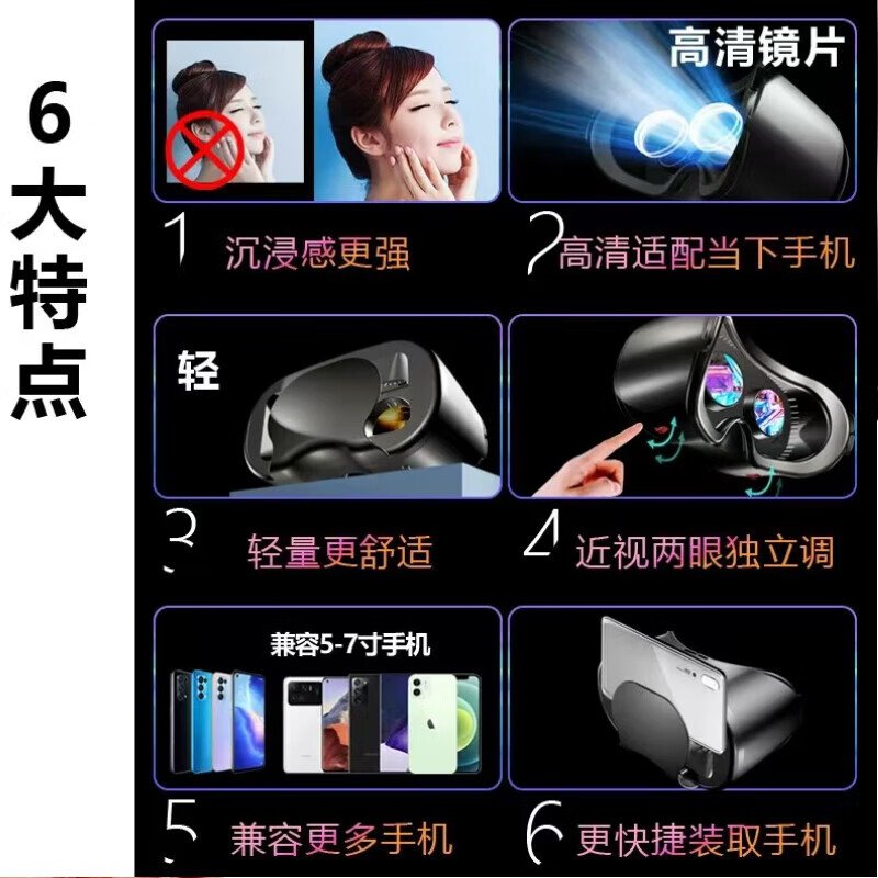 ABDT panoramic VR glasses supplies virtual reality 3d somatosensory doll suitable for Android ios mobile phone games movies ultra-clear panoramic mobile phone ABDT 4K Blu-ray VR + white handle + black game handle