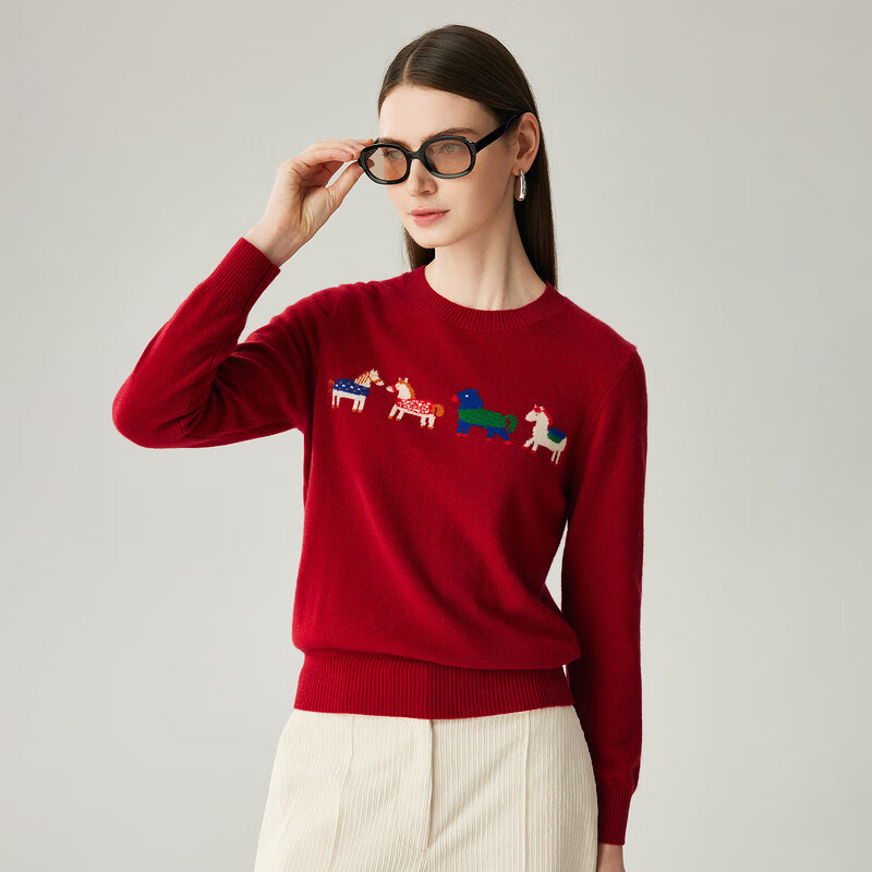 Zhaojun 2025 Autumn and Winter Contrast Color Zodiac Cashmere Sweater Women's Knitted Sweater Round Neck Bottoming Sweater Burgundy Red L