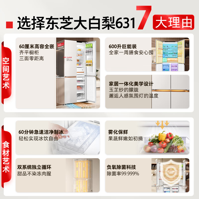 TOSHIBA Dabaili 600L cross-door refrigerator high-capacity fully embedded dual-system automatic ice making household first-class energy efficiency ultra-large capacity GR-RF631WI-PG1