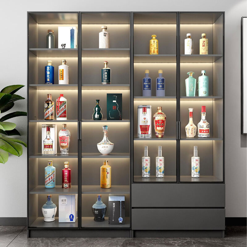 Fantasy living room glass multi-functional wine cabinet against the wall integrated display cabinet household light luxury storage rack wooden transparent high luxury gray 21