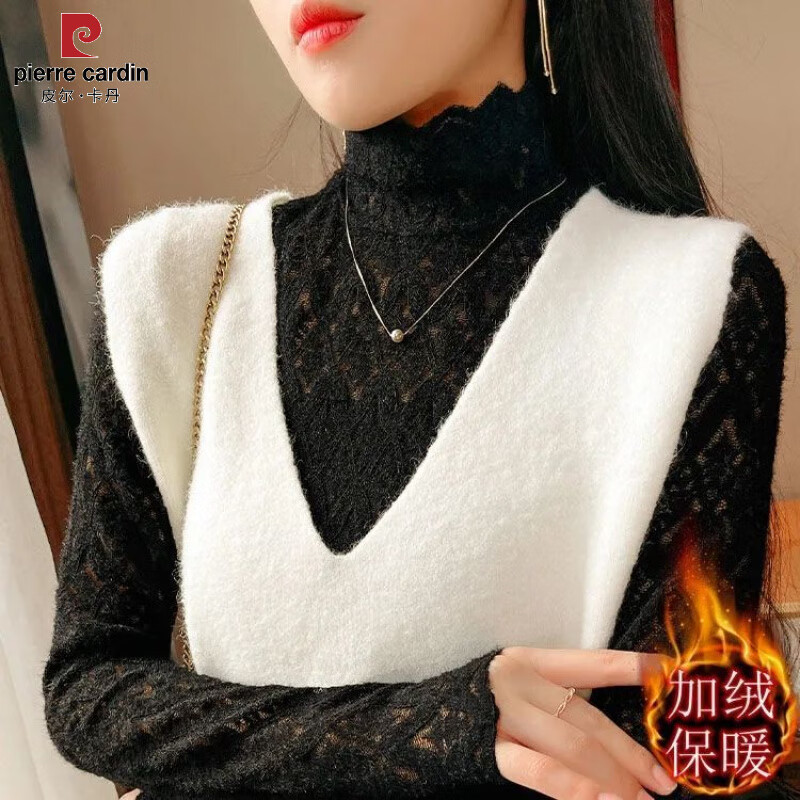 Pierre Cardin plus velvet thickened brushed lace bottoming shirt for women autumn and winter style turtleneck sweater with hollow soft mesh top black regular S